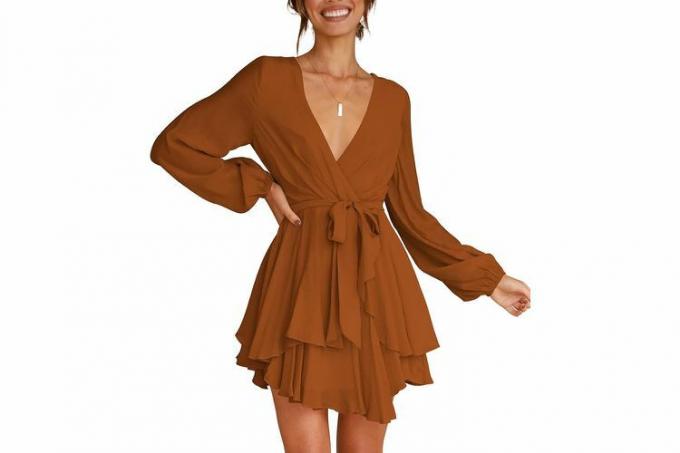 Amazon Ekim Prime Day Cosonsen kadın Elbise Derin V Yaka Uzun Kollu Bel Kravat Fırfır Mini Salıncak Patenci Elbiseler